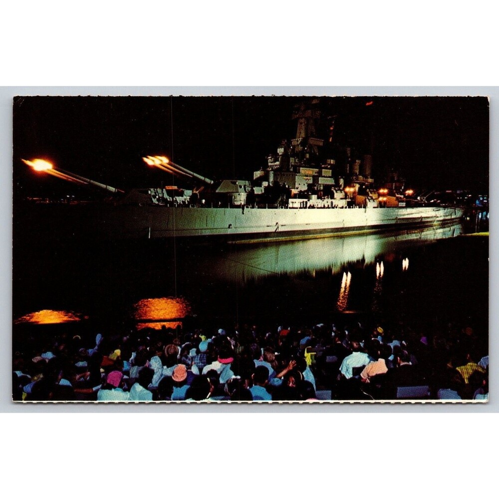 USS North Carolina Battleship Postcard Iwo Jima Bombardment Night Hugh Morton NC